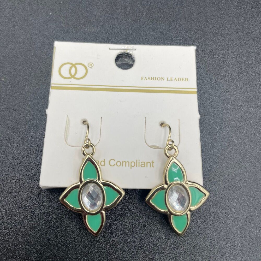 New Gold Tone Green Enamel Quatrefoil Statement Earrings Clear Stone Geometric